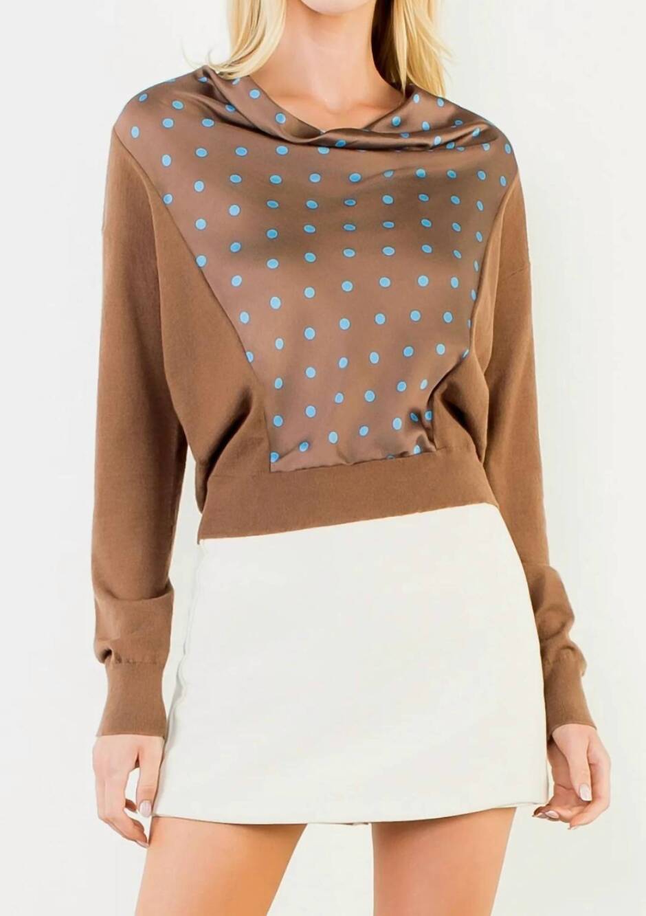 NEW THML polka dot cowl neck mixed media top in brown